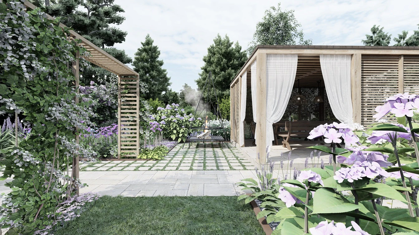 Płytki z trawą pomiędzy przestrzeniami, pergola porośnięta pnączem, ścieżka do ogniska.