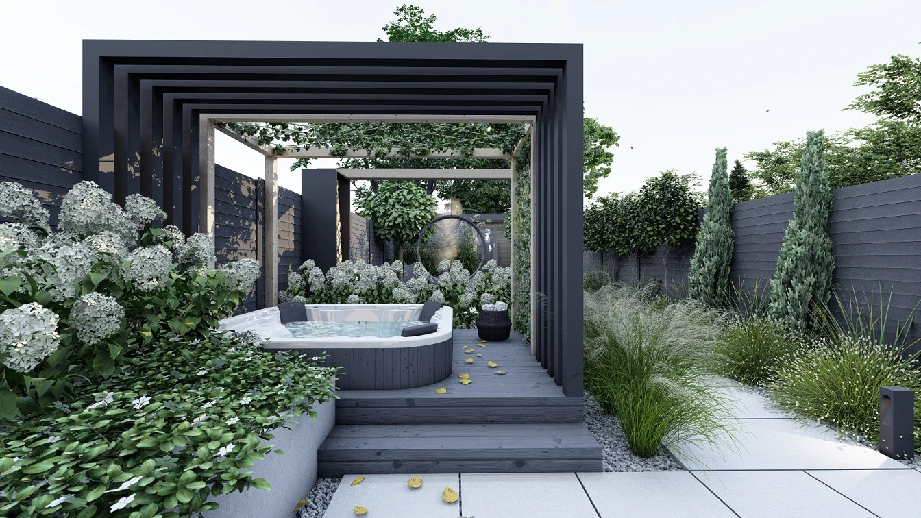 Jacuzzi do połowy zabudowane w tarasie. Ścieżka z płyt gresu porcelanowego. Nasadzenia z traw ozdobnych i krzewów hortensji.