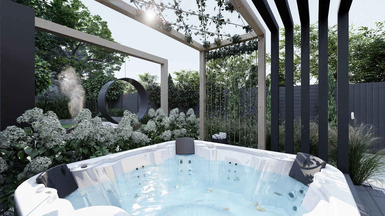 Zadaszenie nad jacuzzi w postaci ażurowej pergoli. Konstrukcja ze słupków oraz lin po którym pnie się bluszcz.