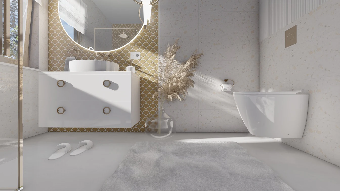 Aranżacja łazienki ze złotą mozaiką w kształcie rybiej łuski. Biała szafka pod umywalkę nablatową ze szufladami i złotymi uchwytami.
