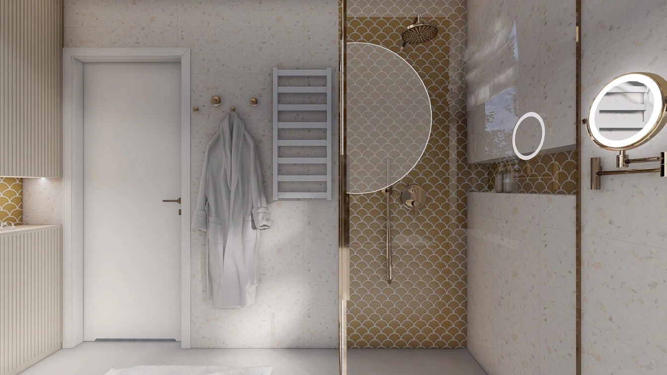 Złota bateria prysznicowa z deszczownicą. W prysznicu półka na kosmetyki do kąpieli. Ściana pod prysznicem z mozaiki, natomiast reszta z płytek lastryko w bezowym odcieniu.