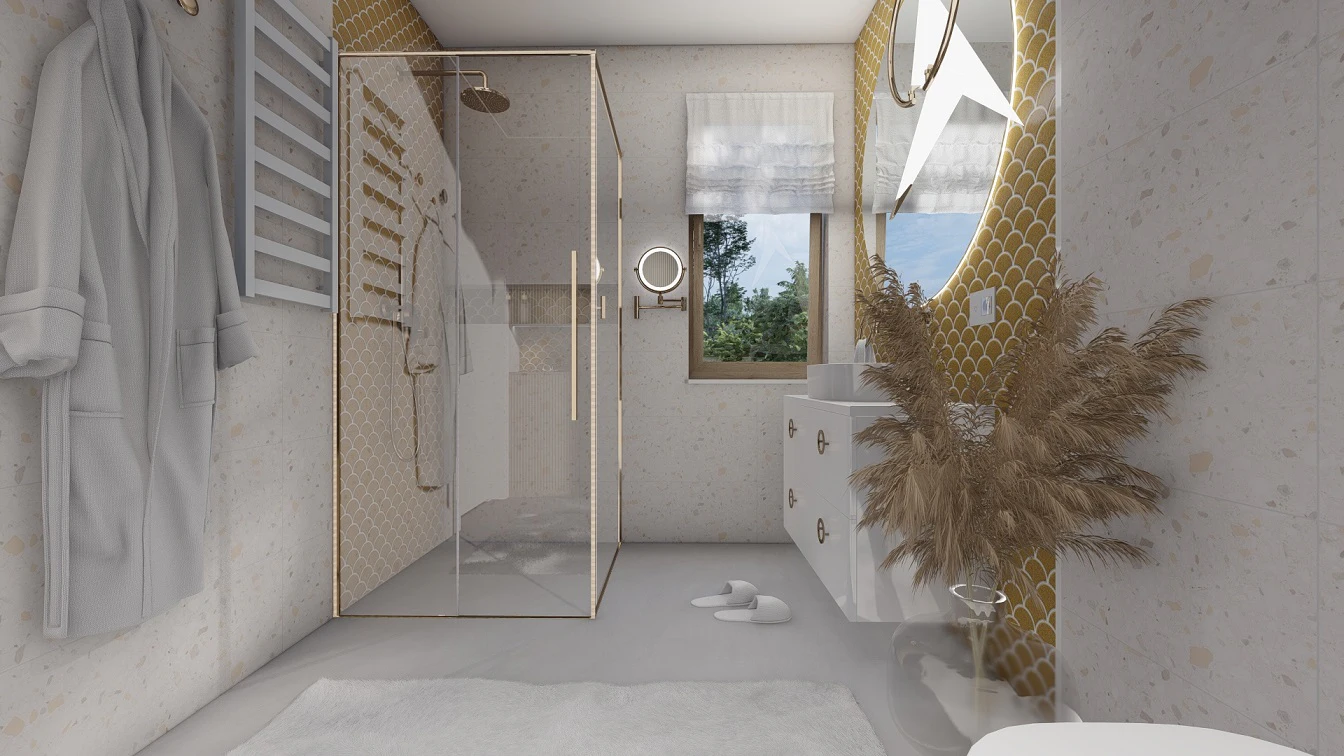 Okno w łazience z roletą rzymską w białym odcieniu. Obok okna lusterko do makijażu, które można dowolnie ustawić.