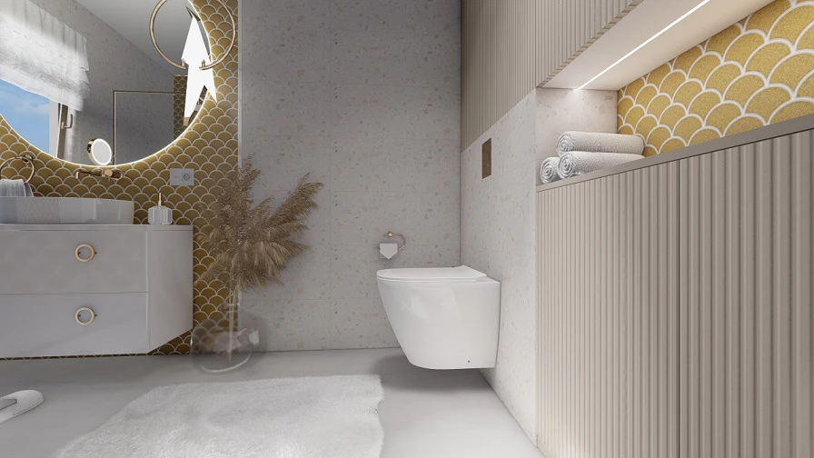 Ryflowane fronty szafki dolnej. Złoty uchwyt na papier toaletowy. Ozdobny wazon z zasuszonymi trawami.  Podłoga z mikrocementu.