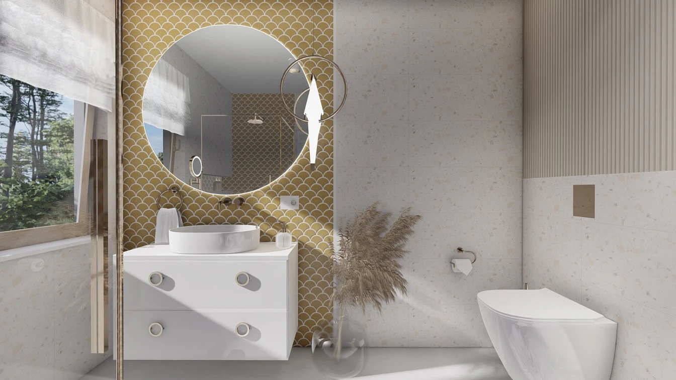 Ściana z dużym okrągłym lustrem umiejscowionym nad umywalką nablatową. Nowoczesne oświetlenie w kształcie ptaka origami.