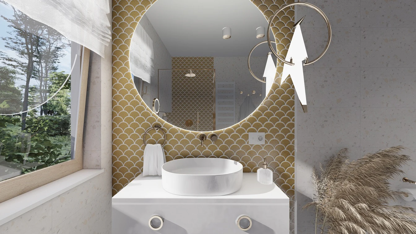 Szafka umywalkowa z frontami w białym macie. Łącznik światła z panelem dotykowym. Okrągłe, złote uchwyty szuflad.