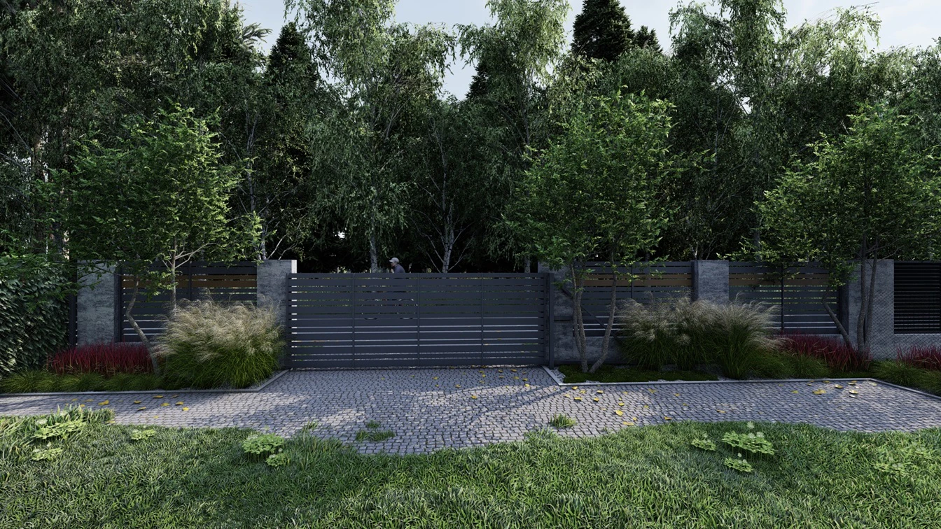 Brama w towarzystwie rabat wypełnionych świdośliwą oraz trawami ozdobnymi.