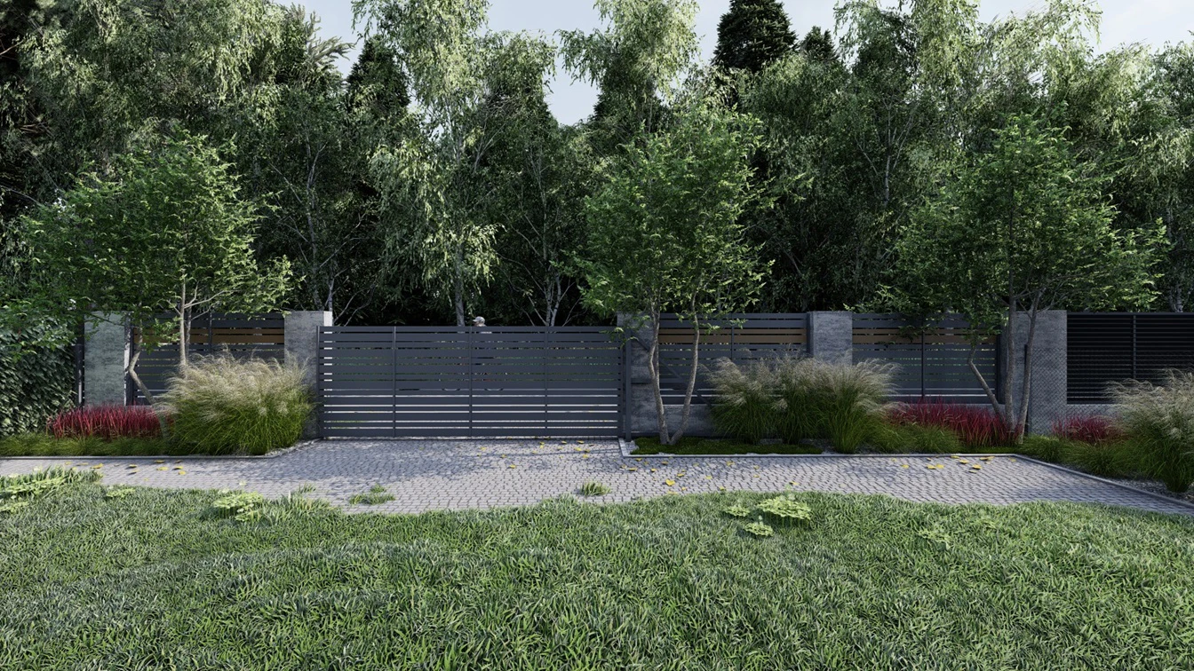 Brama wjazdowa z akcentem czerwonej imperaty cylindrycznej.