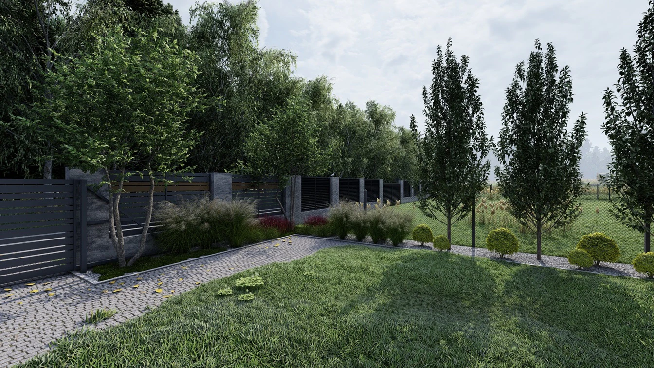 Rabata żwirowa z kolumnowymi drzewami i kulistymi krzewami.