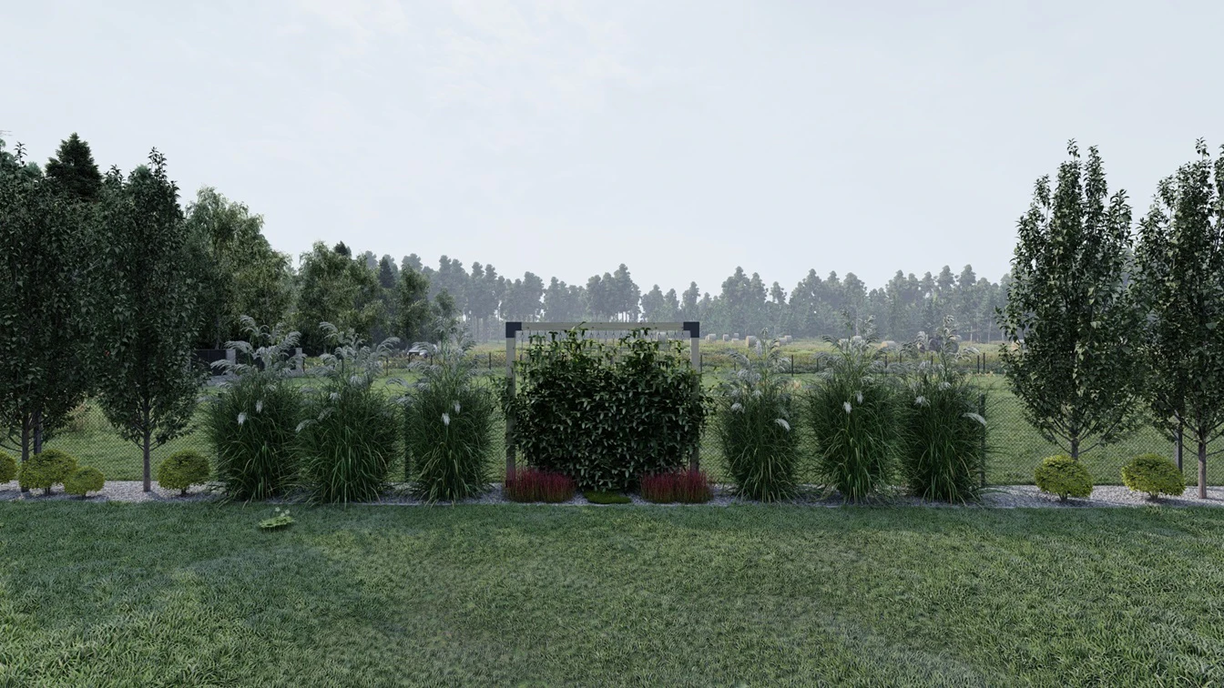 Rabata z akcentem trejażu, w towarzystwie wysokich traw ozdobnych.