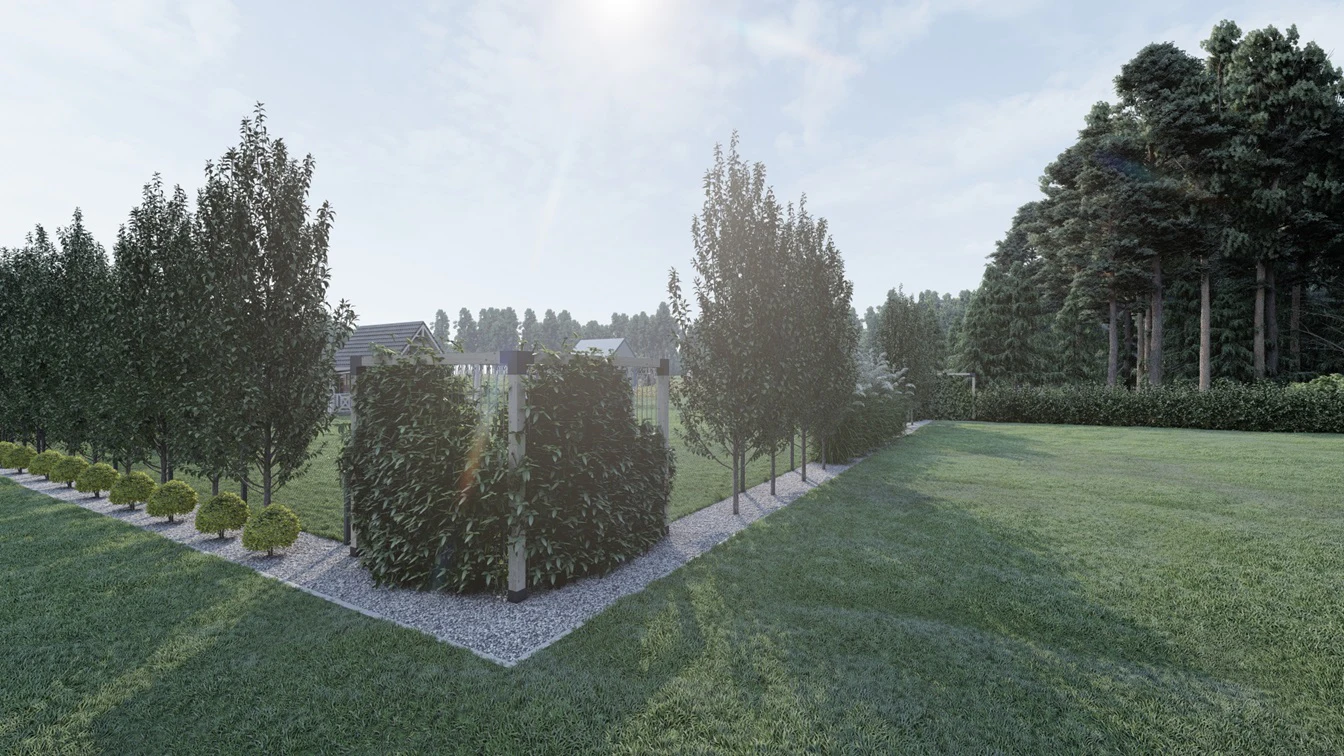 Narożny, drewniany trejaż z linkami, które stanowią podporę pnączy.