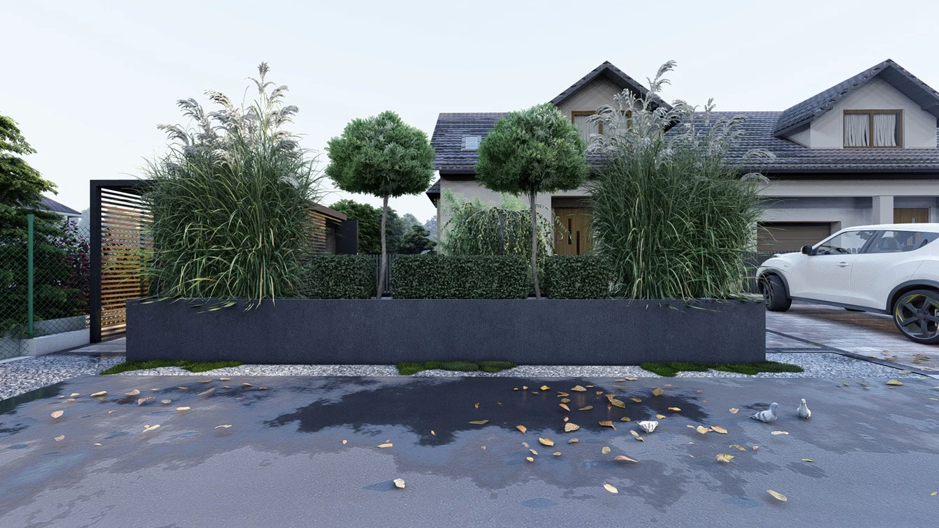 Betonowa donica w antracytowym wykończeniu, obsadzona szczepionymi drzewkami, trawami ozdobnymi i krzewami.