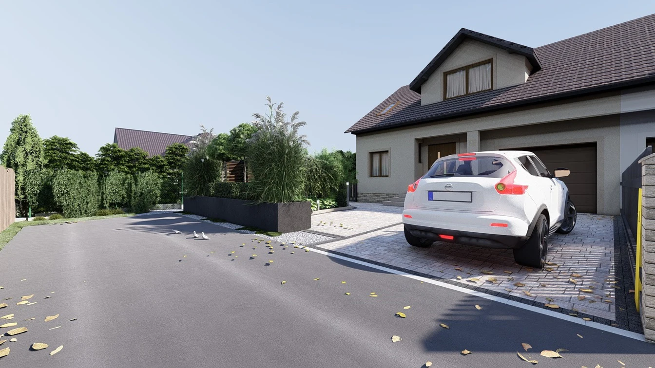 Obsadzenie betonowej donicy na granicy działki.