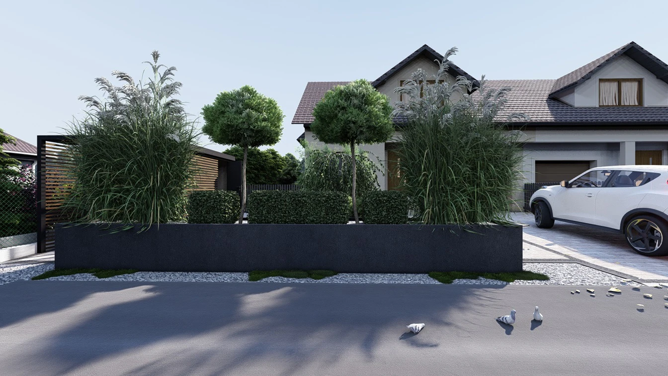 Antracytowa donica pełniąca rolę bariery prywatnej posesji.