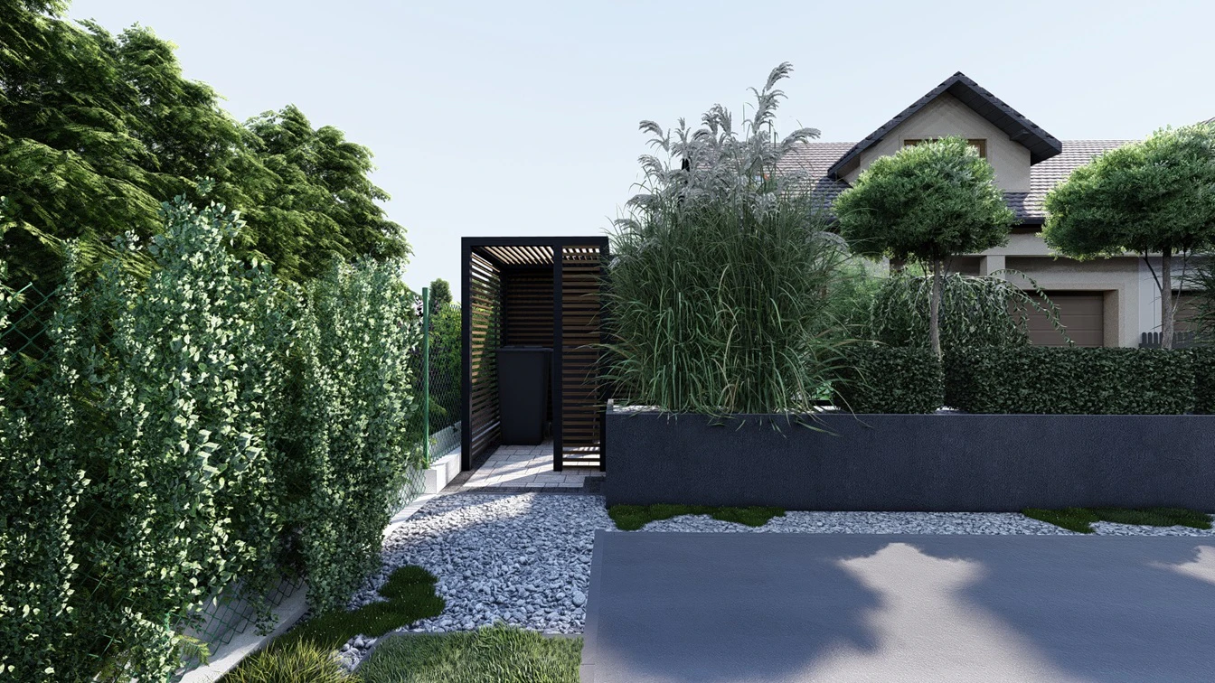 Donica z nasadzeniami z roślin ozdobnych w towarzystwie wiaty na śmietniki.