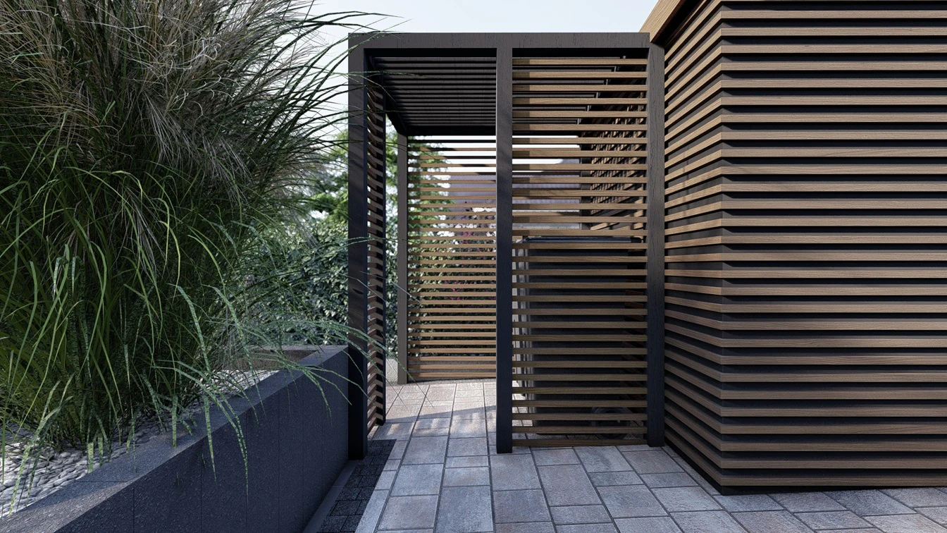 Ażurowa wiata na kosze na śmieci.