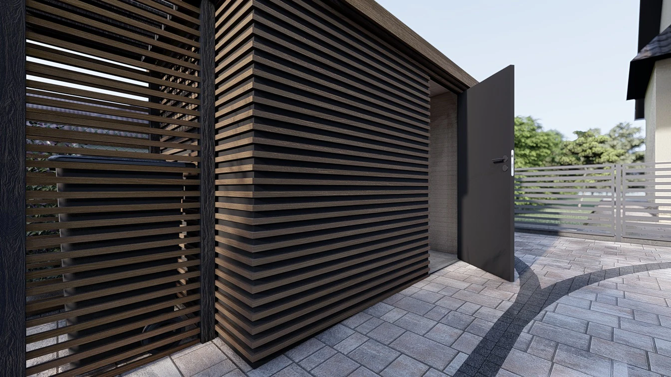 Elewacja składziku na narzędzia.