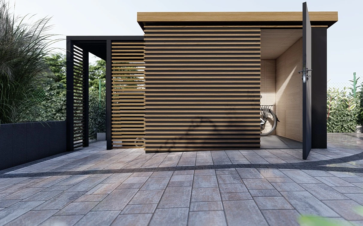 Wiata na śmietniki z ażurowymi ściankami.