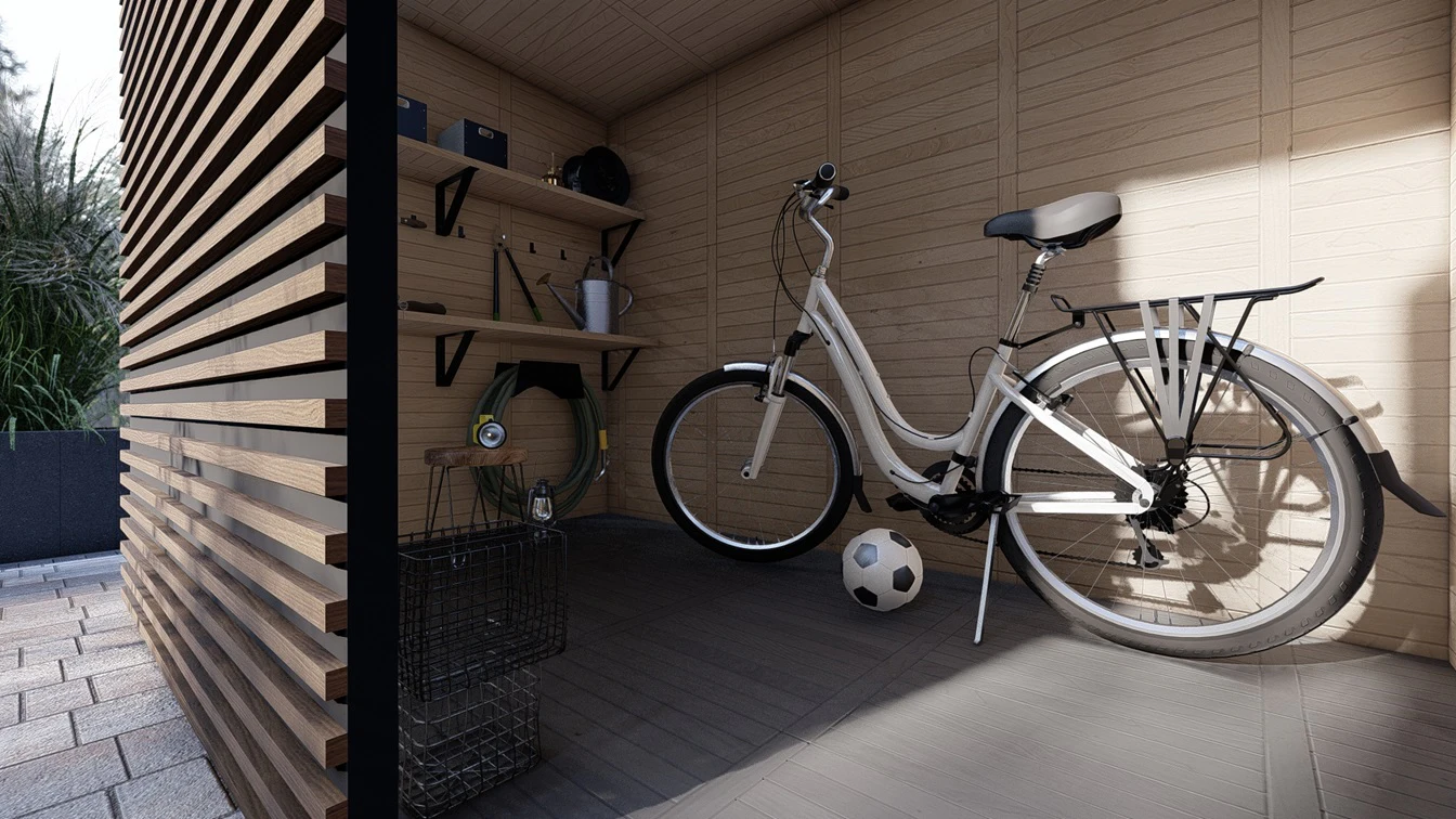 Drewniany domek gospodarczy.