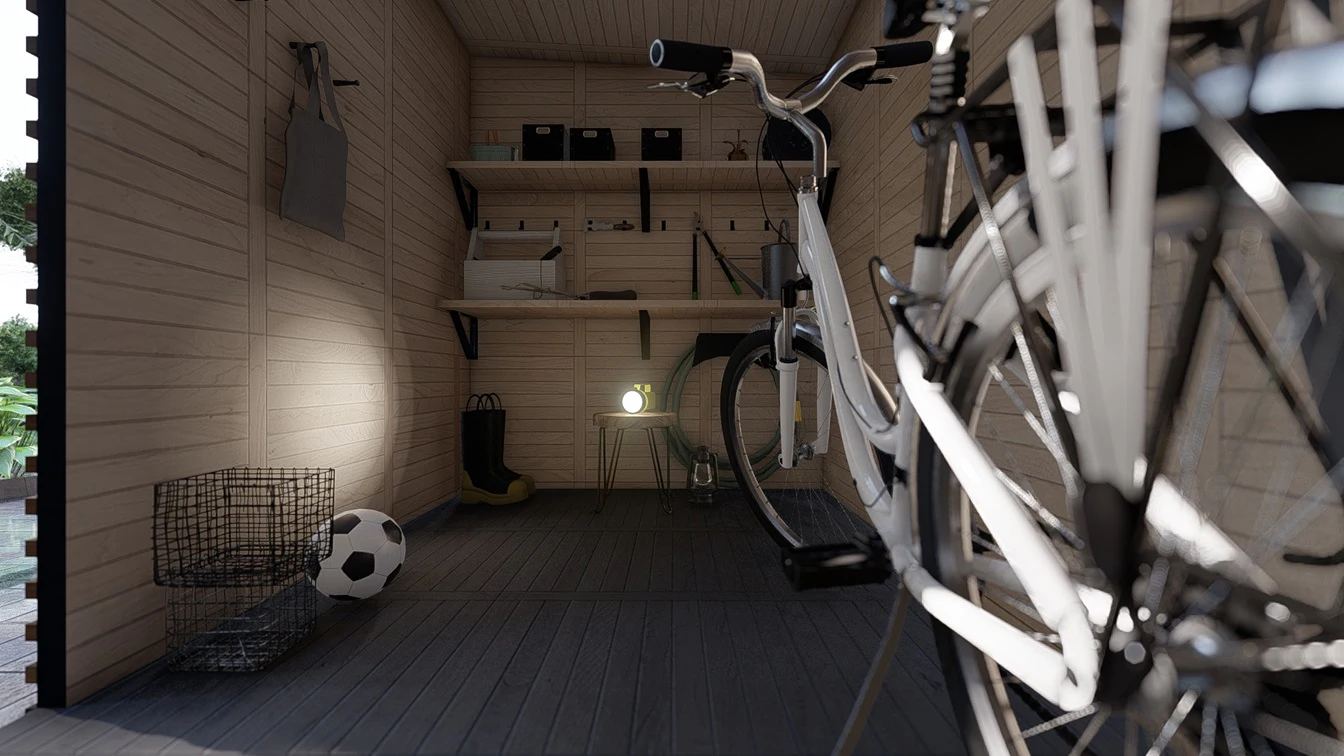 Wykończenie wnętrza składziku na narzędzia.