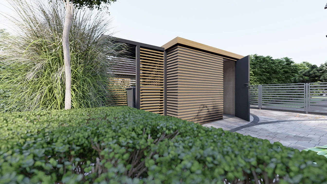 Składzik gospodarczy na narzędzia w lamelowym okuciu.