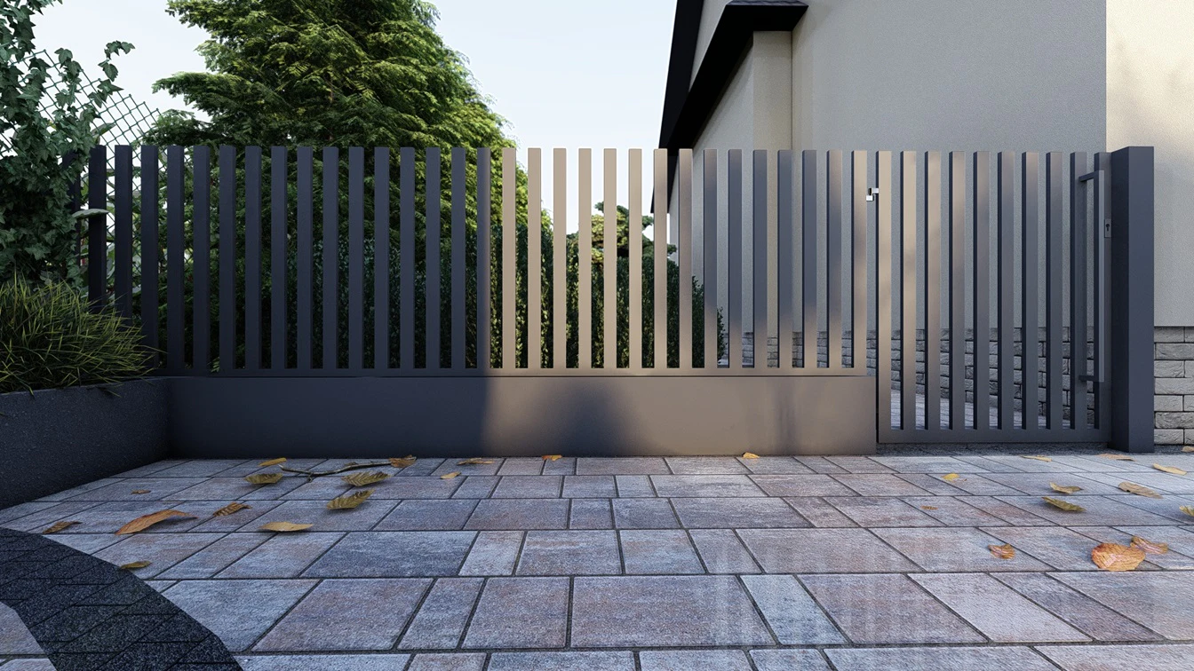 Ogrodzenie lamelowe w odcieniu antracytowym.
