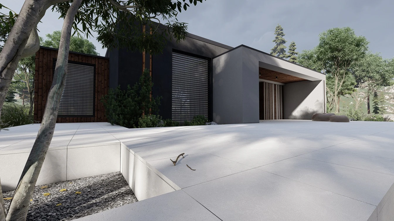 Taras z płyt w odcieniu szarości z białym żyłowaniem.