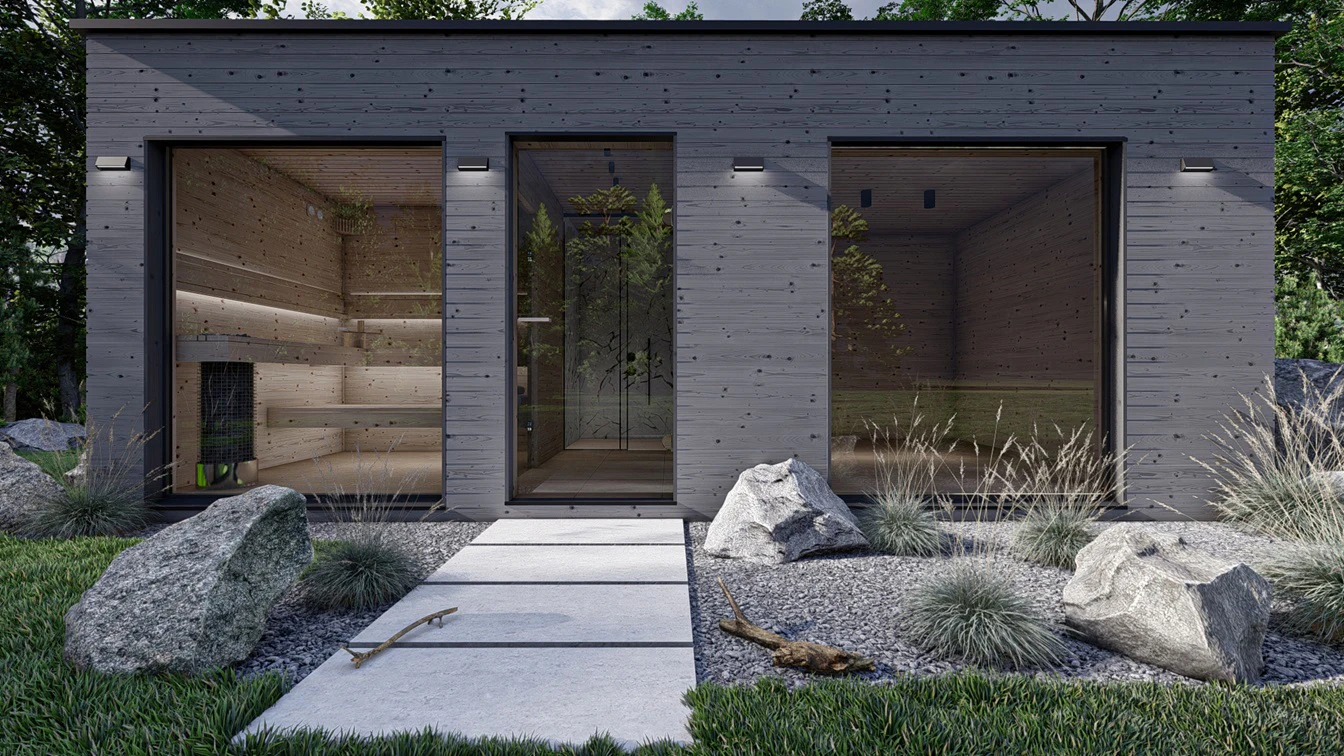 Sauna ogrodowa ze strefą relaksu i prysznicem.