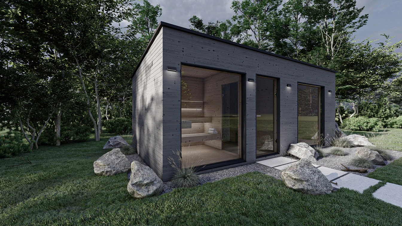 Sauna z szarą elewacją.