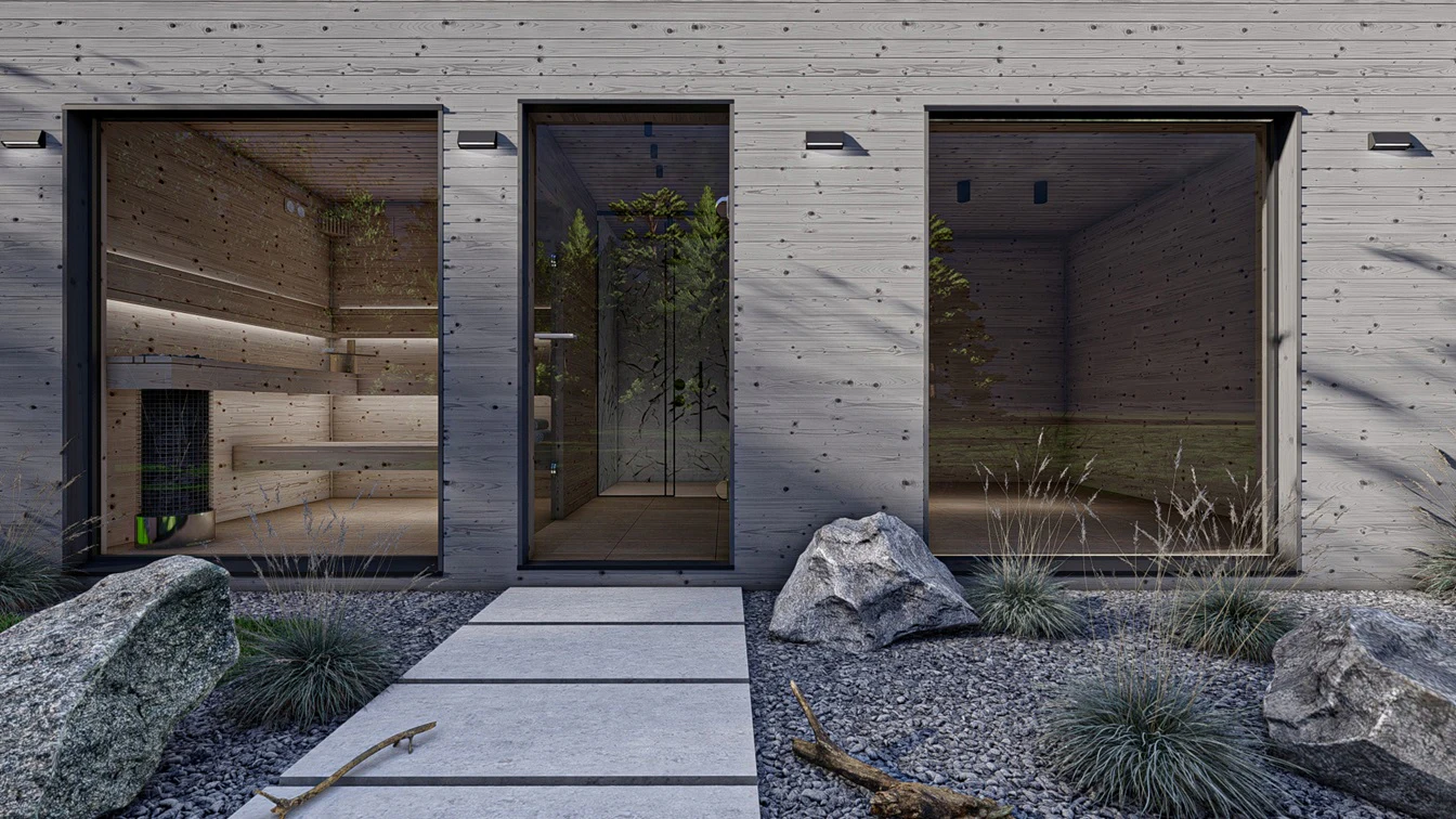 Sauna przeszklone wejście.