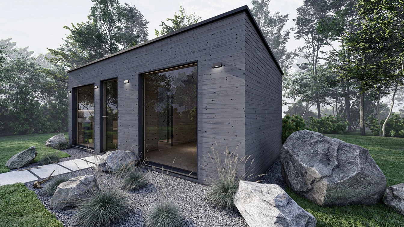 Sauna w otoczeniu lasu.