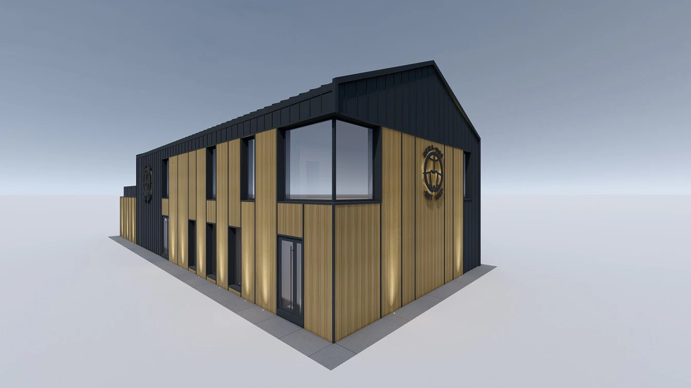 Podświetlona elewacja budynku usługowego z paneli kompozytowych i blachy na rąbek