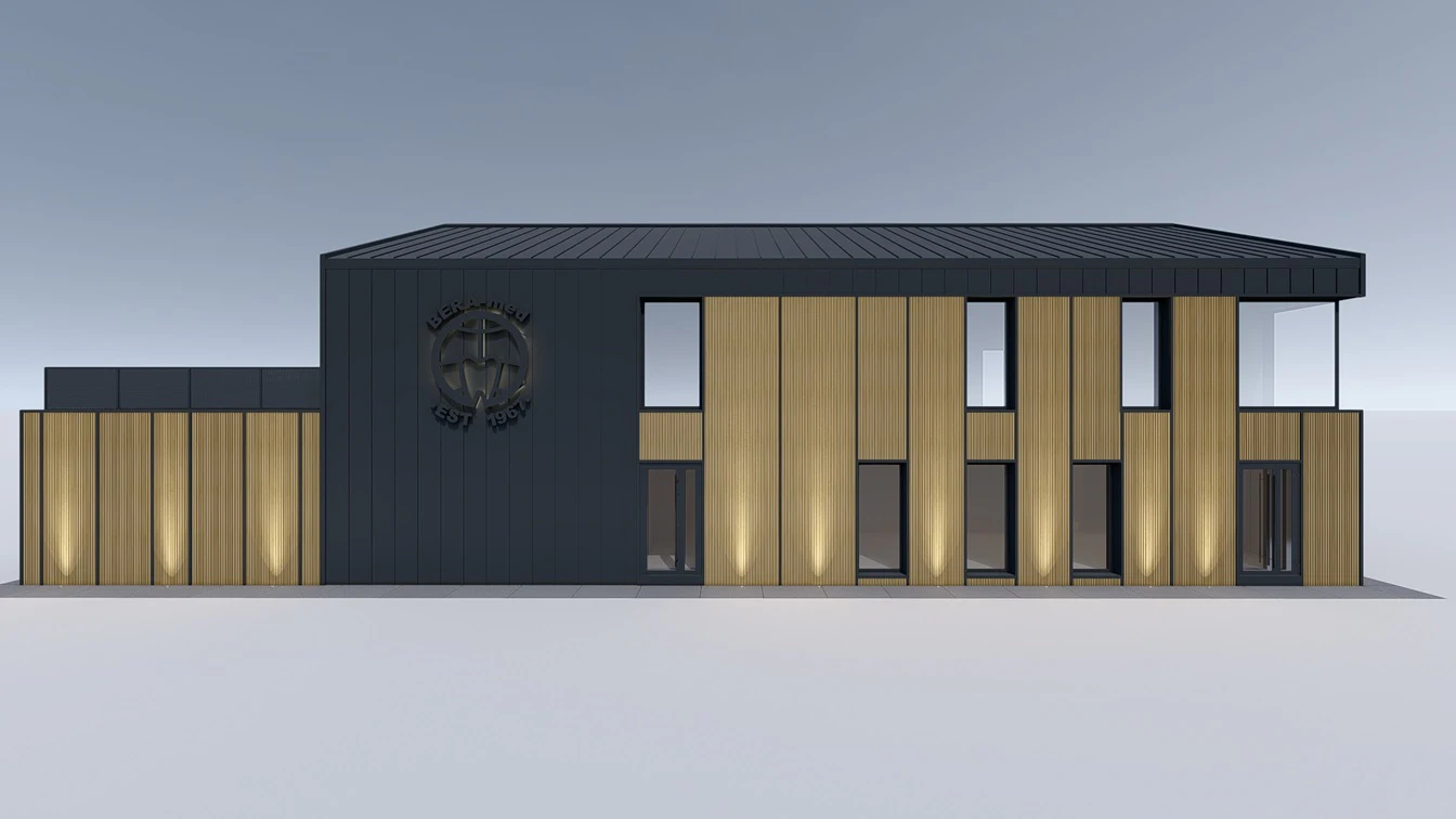 Elewacja budynku usługowego z blachy na rąbek w kolorze antracytu oraz paneli kompozytowych