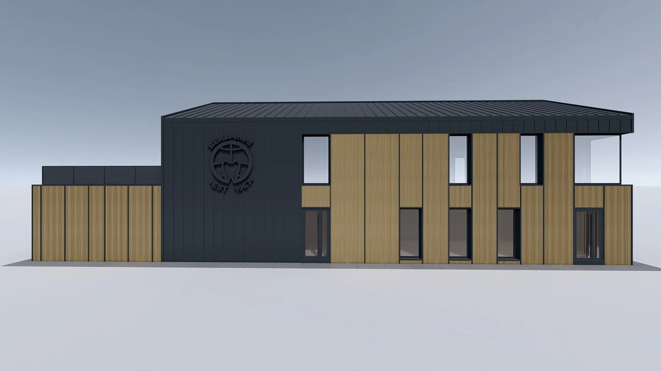 Elewacja z kompozytu firmy Liderwood oraz blachy na rąbek firmy Ruukki