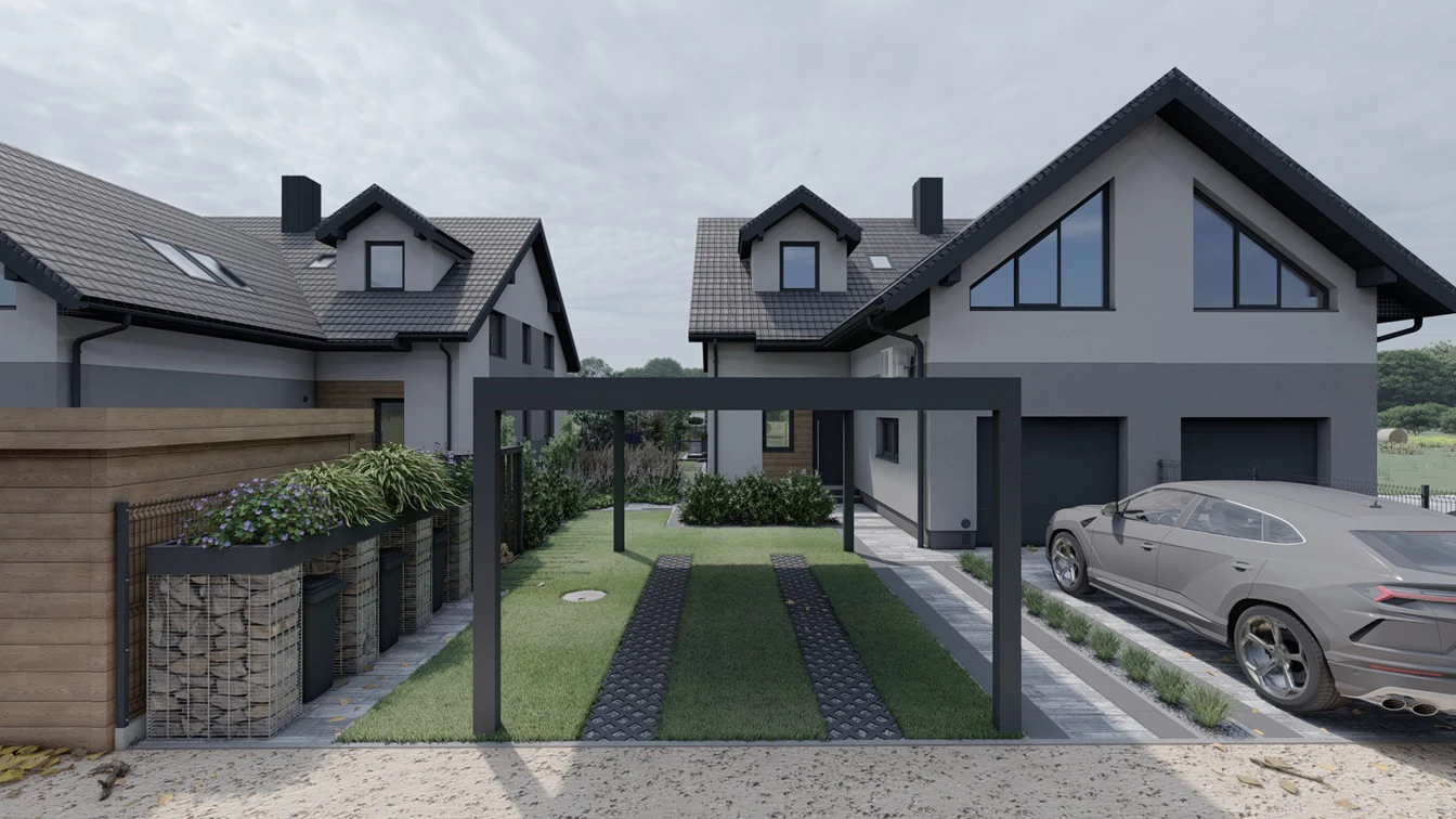 Wiata "CARPORT" na auto. Zabudowa na śmietniki.