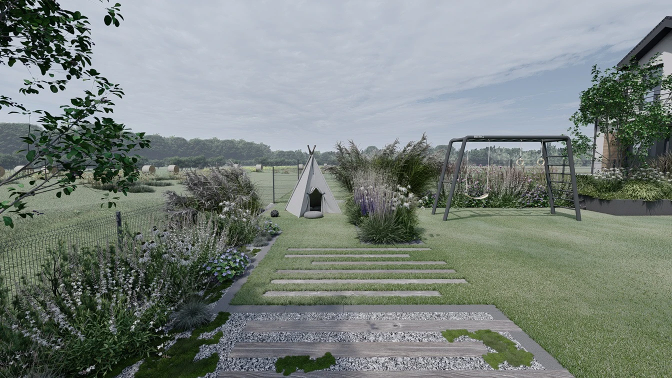 Ogród z siłownią ogrodową oraz zagajnikiem na tipi.