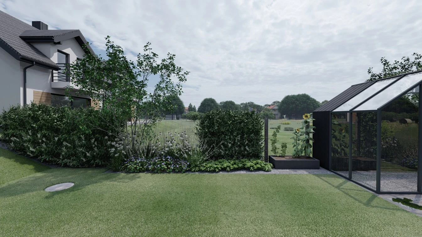 Rabata z laurowiśnią, świdośliwą oraz bylinami i trawami.