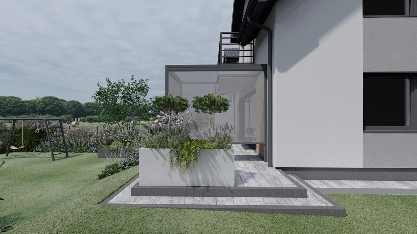 Donica na tarasie ze szczepionymi drzewkami sosny. Zabudowa tarasu osłaniająca, roleta screen.