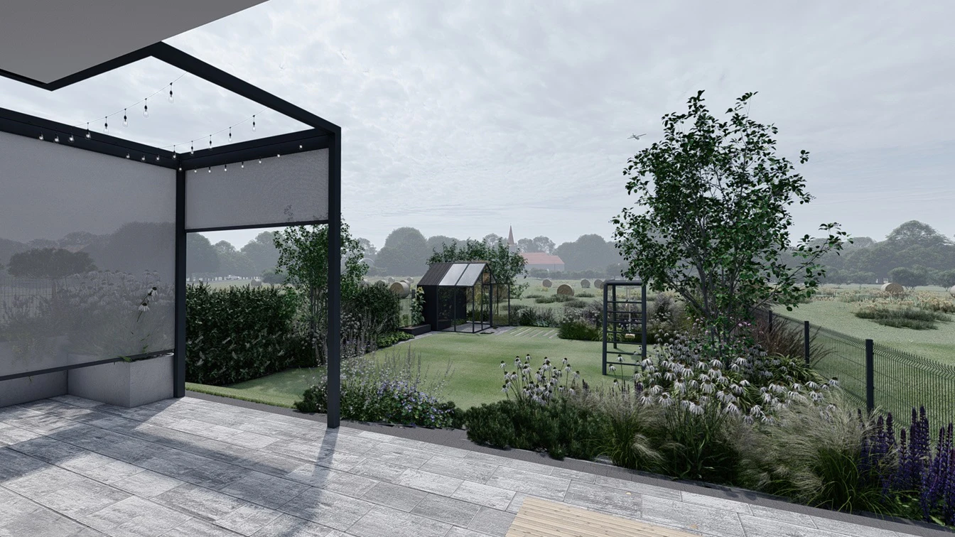 Taras z widokiem na ogród nowoczesny z trawami ozdobnymi i jeżówką.