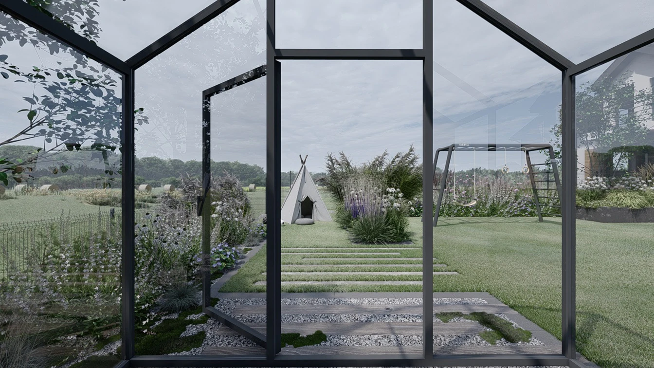 Widok na zagajnik z tipi dla dzieci.