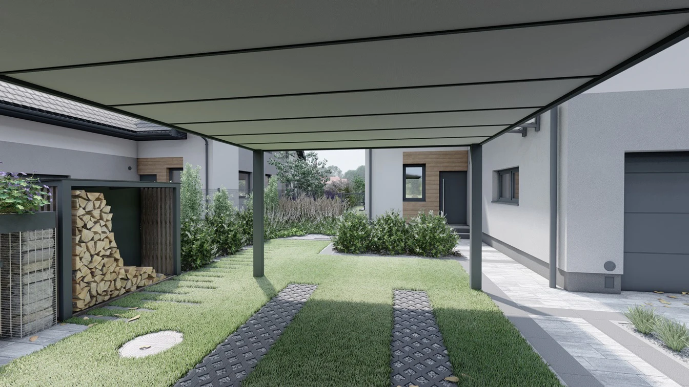 Część frontowa działki, ogród minimalistyczny.