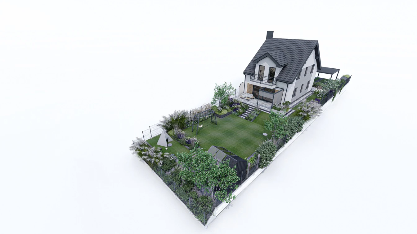 Widok 3D na cały ogród nowoczesny.