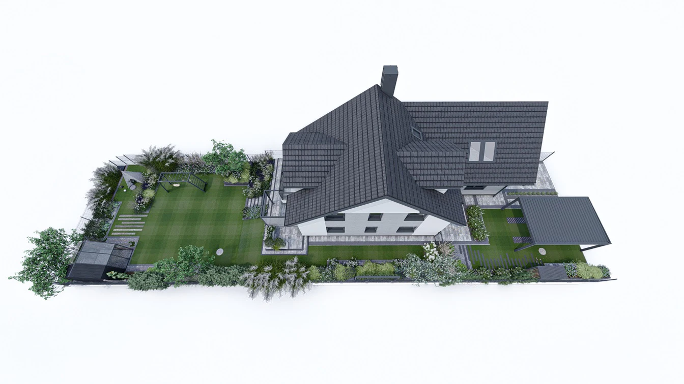 Widok 3D na cały ogród nowoczesny.