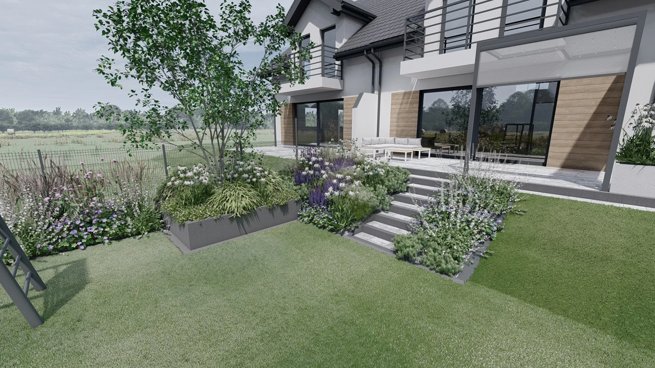 Rabata z donicą z palisad, drzewa wielopienne - Świdośliwa.