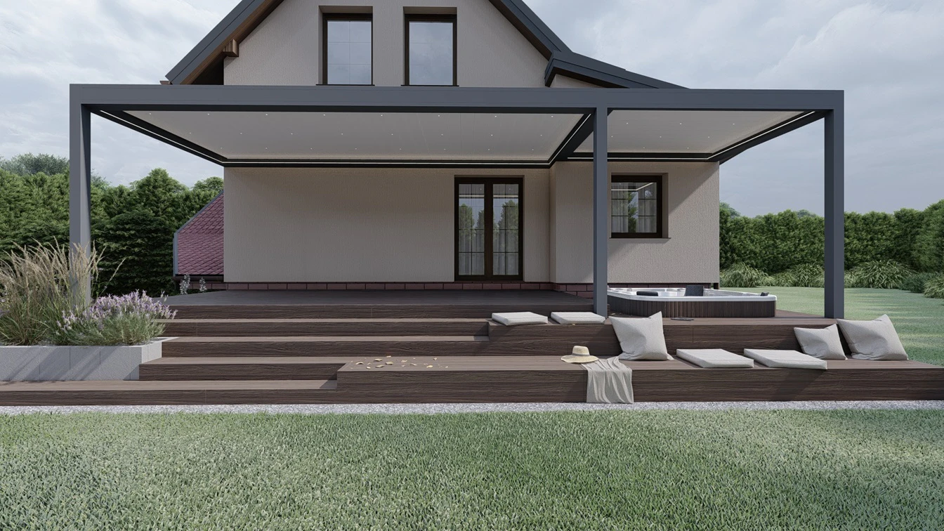 Zabudowa tarasu z aluminiową pergolą z ruchomym zadaszeniem.