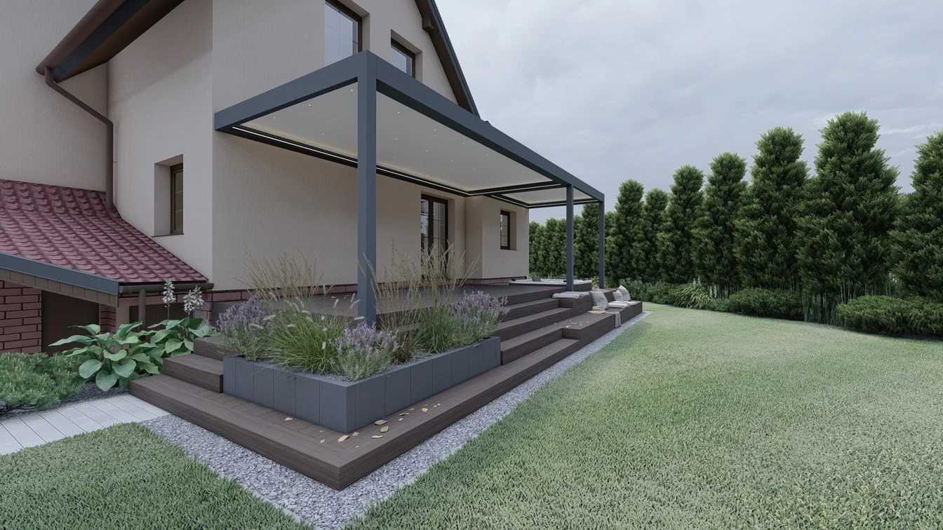 Taras w ogrodzie z pergolą i jacuzzi.