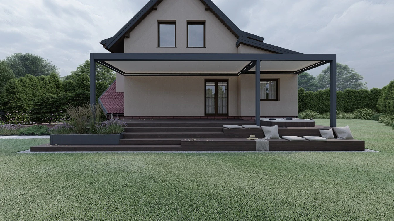 Aluminiowa pergola z oświetleniem punktowym oraz led RGB.