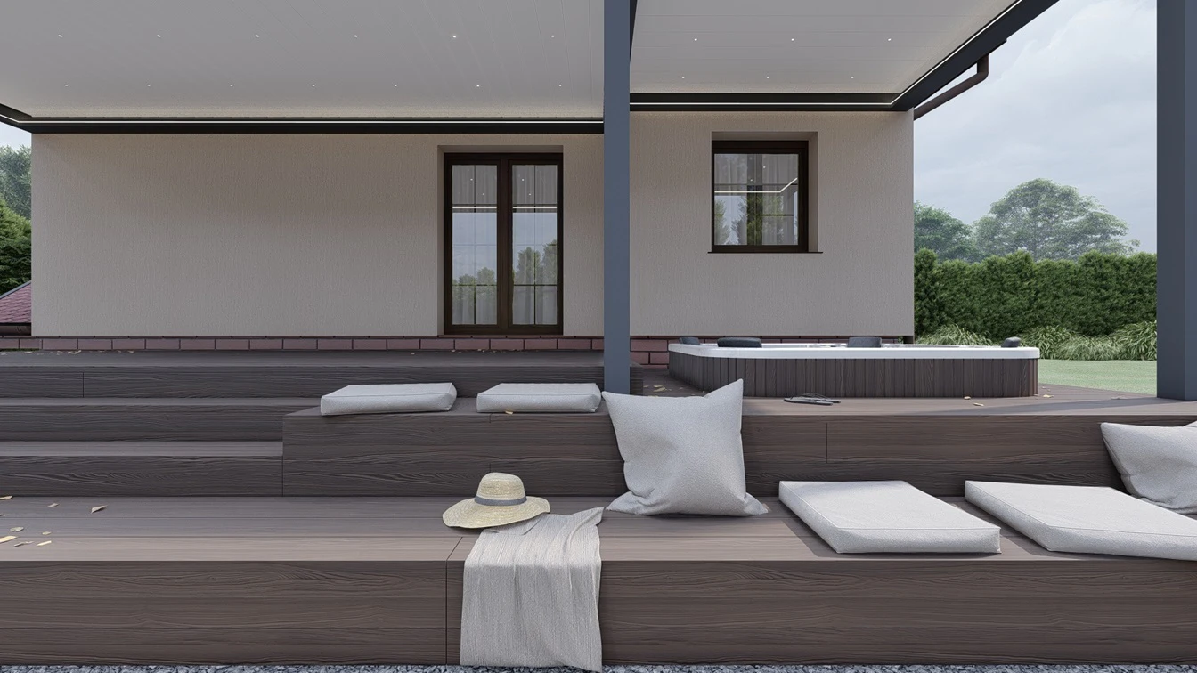 Taras z siedziskami i poduchami.