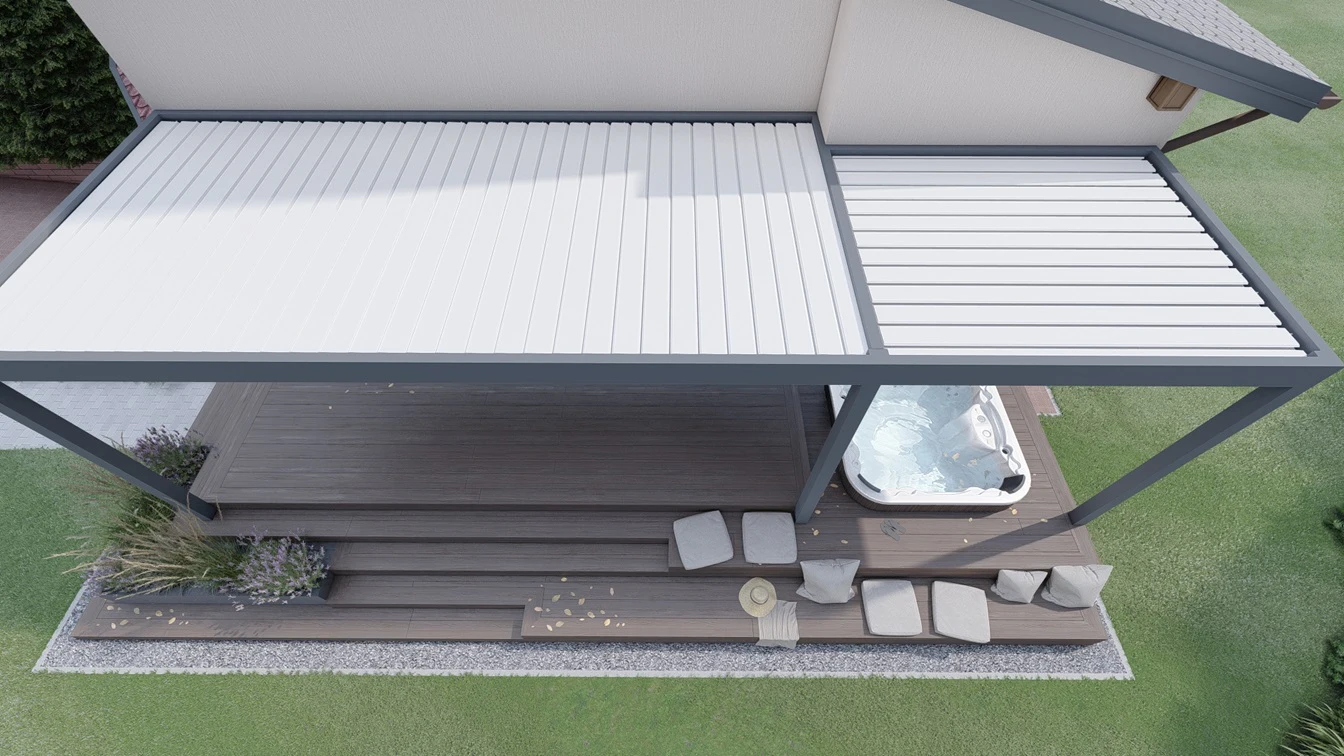 Pergola z ruchomym otwieranym dachem lamelowym.