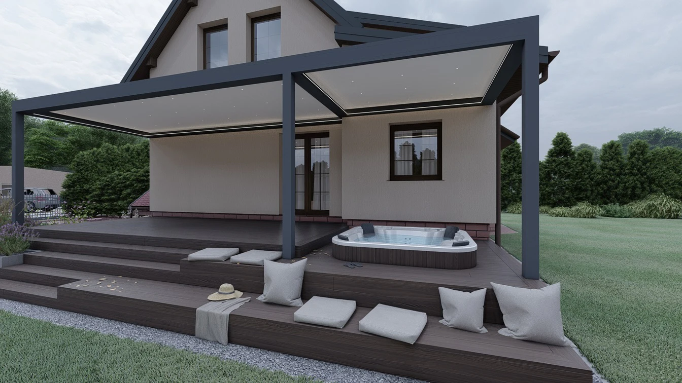 Nowoczesna zabudowa tarasu z pergolą i jacuzzi.