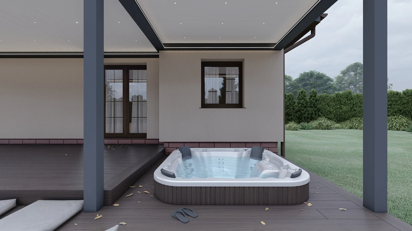 Jacuzzi wbudowane w taras.